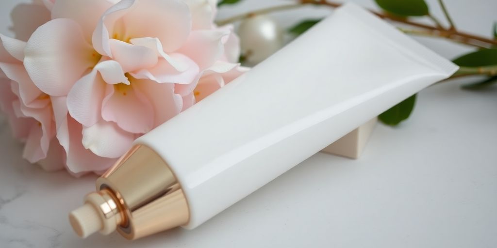 Nærbilde av håndkrem med blomstermotiv.