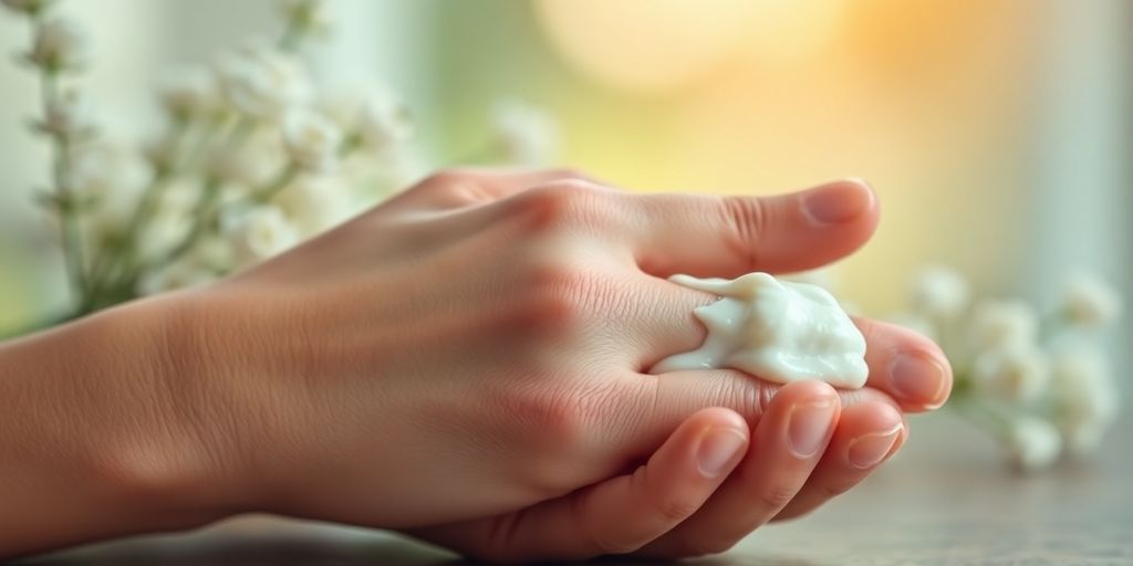 Hender med håndkrem i en naturlig setting.