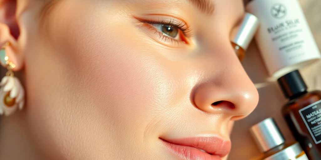 Nærbilde av sunn voksen hud med hudpleieprodukter.