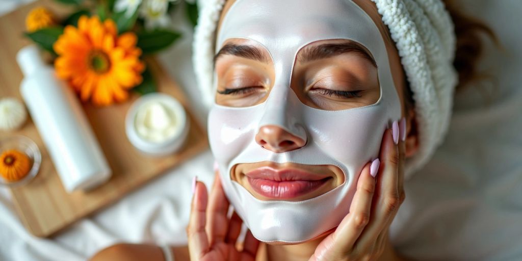 Woman applying a sheet mask with flowers around her.