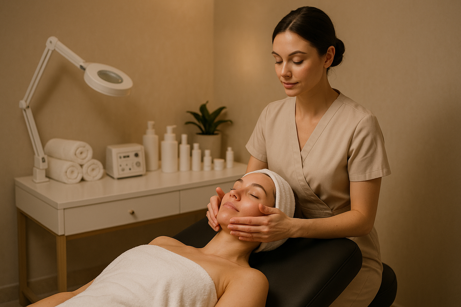 a woman getting Skincare treatment in a beige salon and black treatment bed