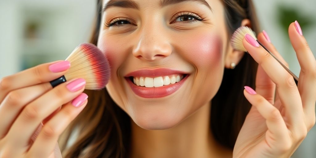 Kvinne påfører blush for et naturlig utseende.