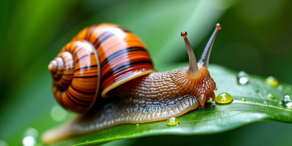 Close-up of a snail on a green leaf.