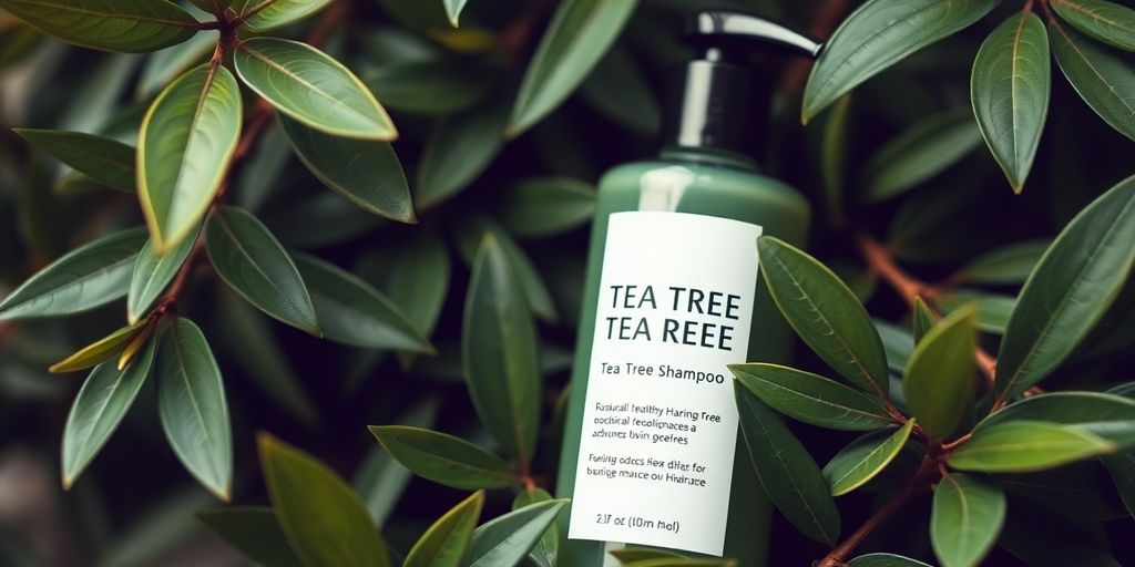 Flaske med tea tree shampoo og friske te-trær.