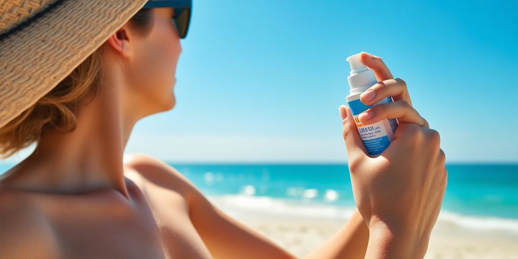 Person på stranden sprayer solkrem for beskyttelse.