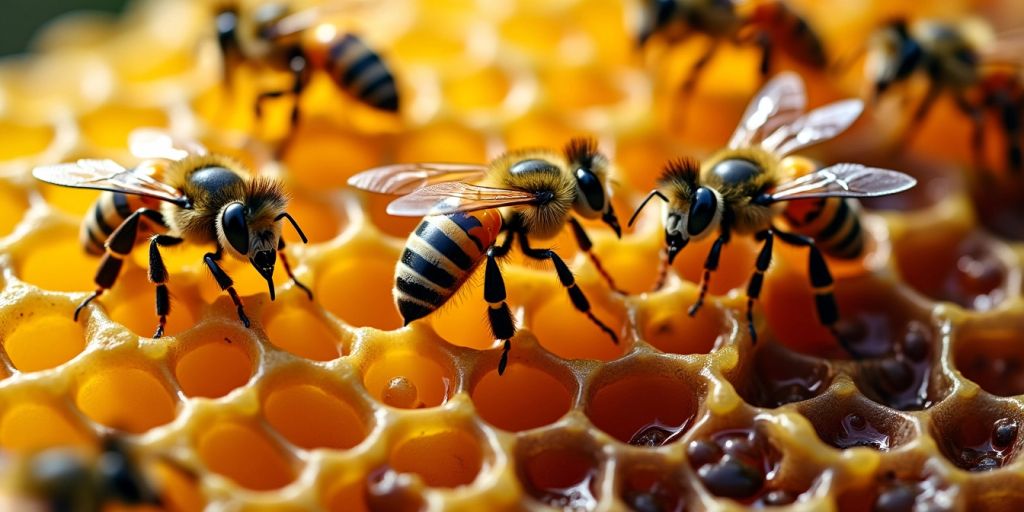 Nærbilde av propolis, bikube og bier.