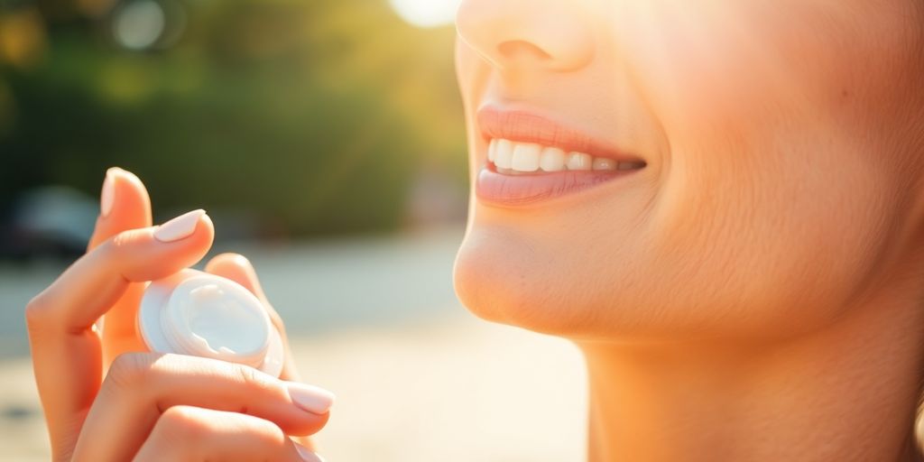 Person smører mineral solkrem på huden i solen.
