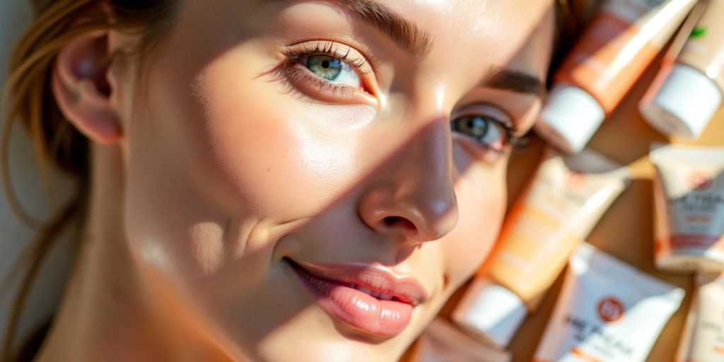 Close-up of radiant skin with BB cream products.