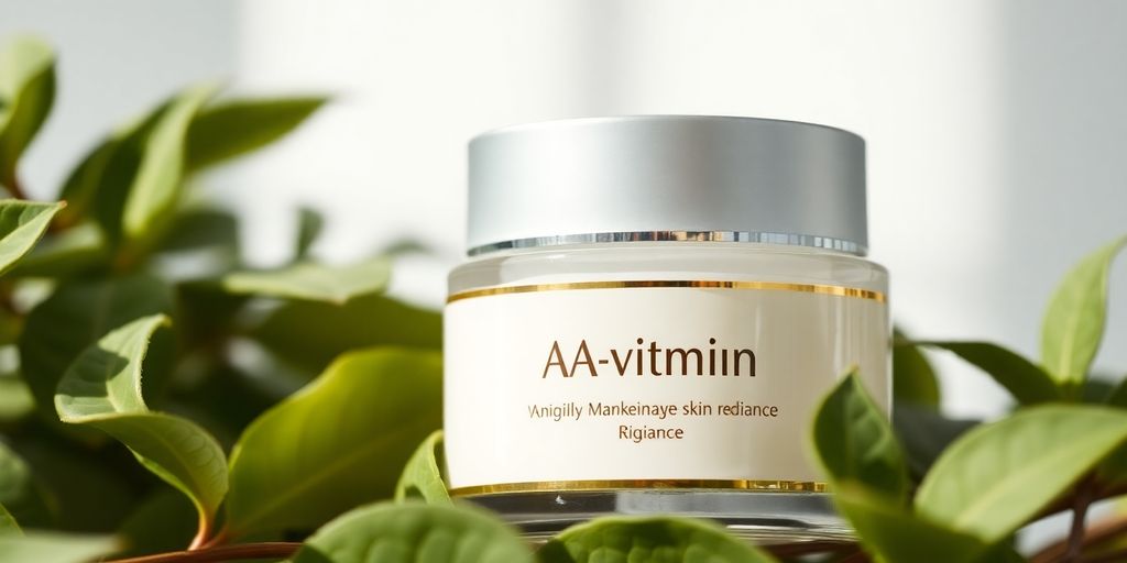 A-vitamin krem i fokus med grønne blader.