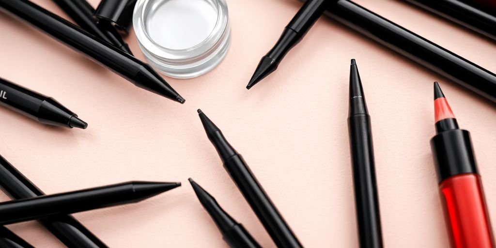 Nærbilde av forskjellige eyeliner-produkter på bordet.
