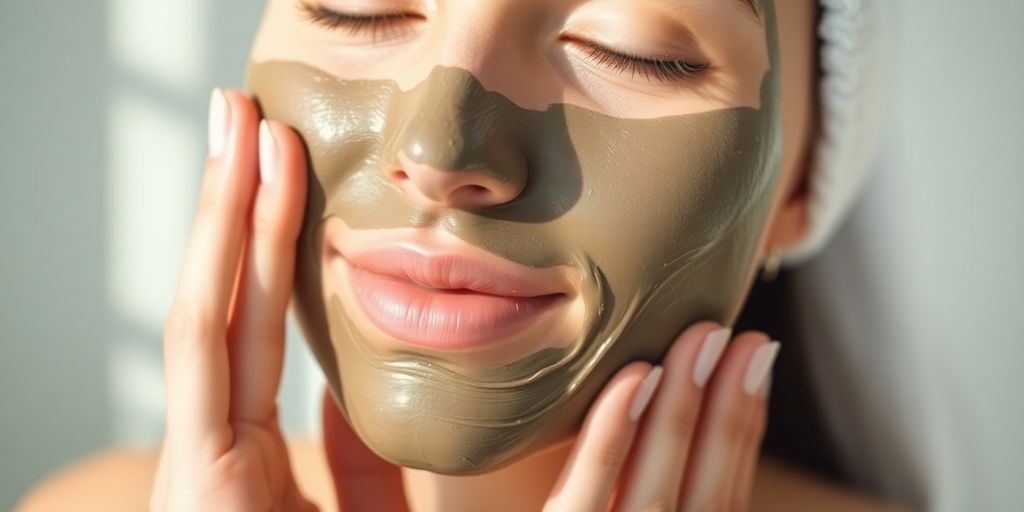 Kvinne påfører leirmaske på ansiktet.