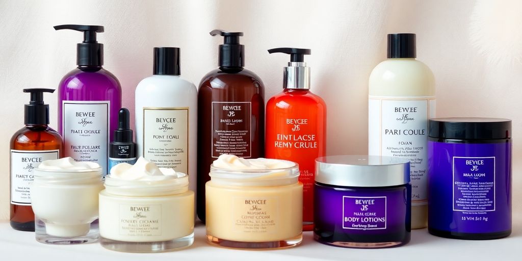 Ulike body lotioner med variert emballasje og tekstur.
