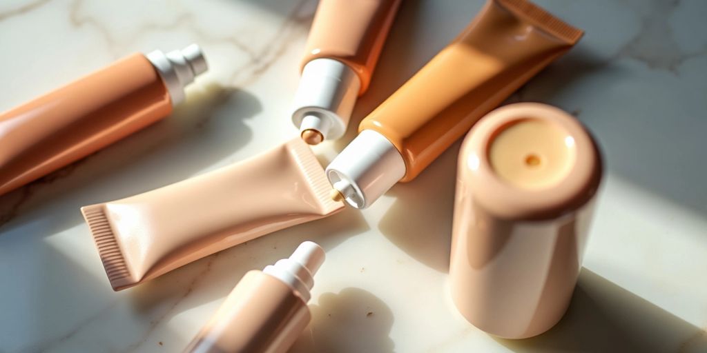 Various CC cream tubes on a marble surface.
