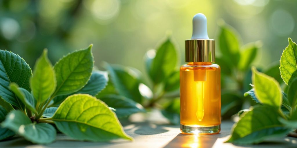 Bilde av niacinamid serum med grønne blader.