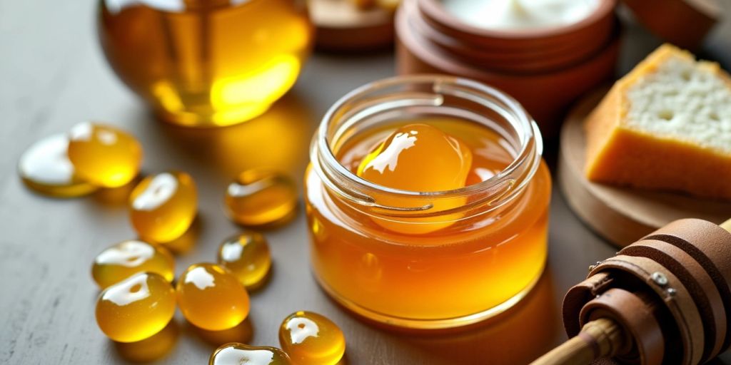 Propolis i glasskrukke med hudpleieprodukter.