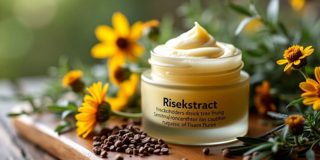 Nærbilde av hudpleieprodukt med risekstrakt.