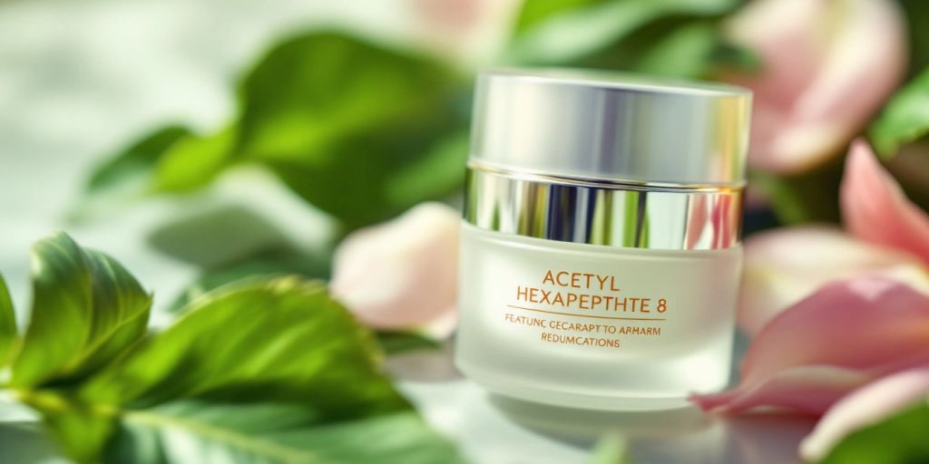 Nærbilde av hudpleieprodukt med Acetyl Hexapeptide-8.