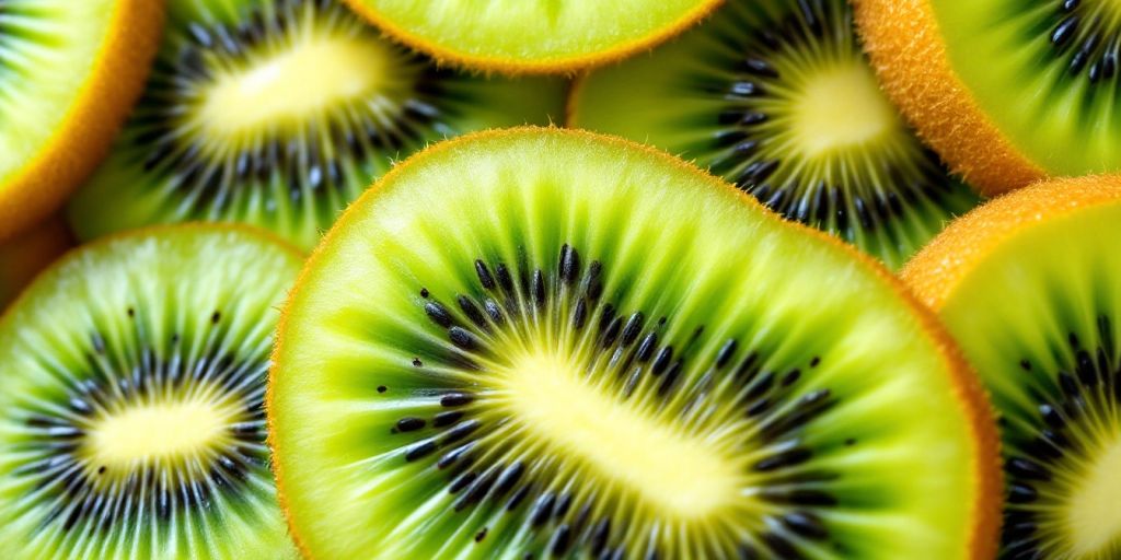 Friske kiwi-skiver med grønn fruktkjøtt.