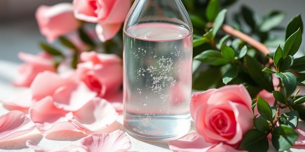 Glass bottle med rosevann og friske roseblader.