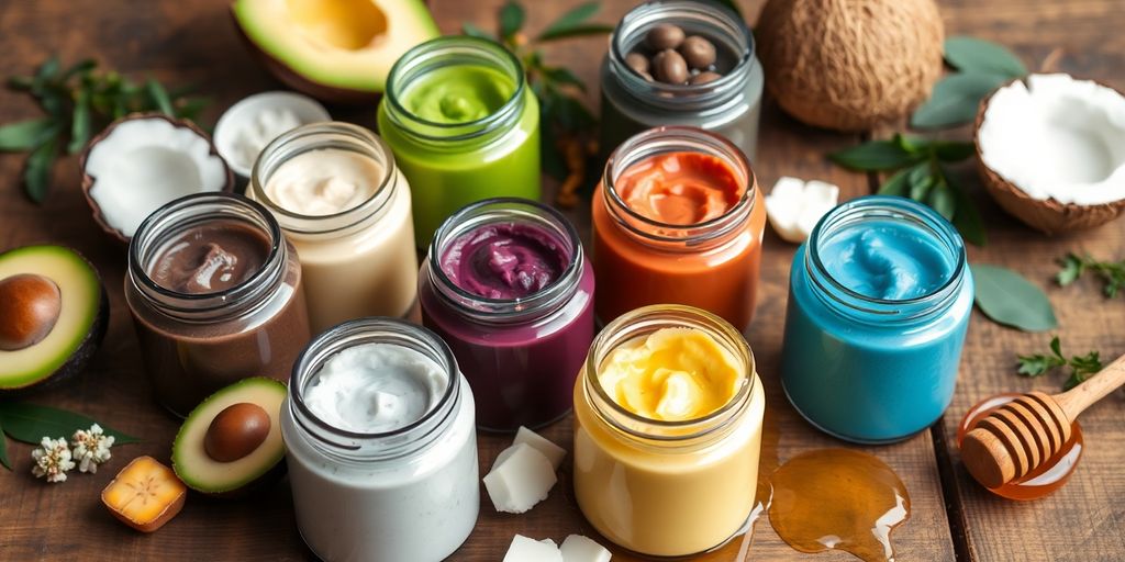 Fargerike hårmasker og naturlige ingredienser på bordet.