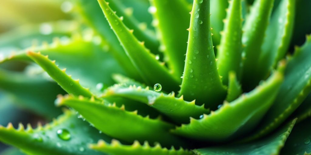 Nærbilde av Aloe Barbadensis blader med dråper.