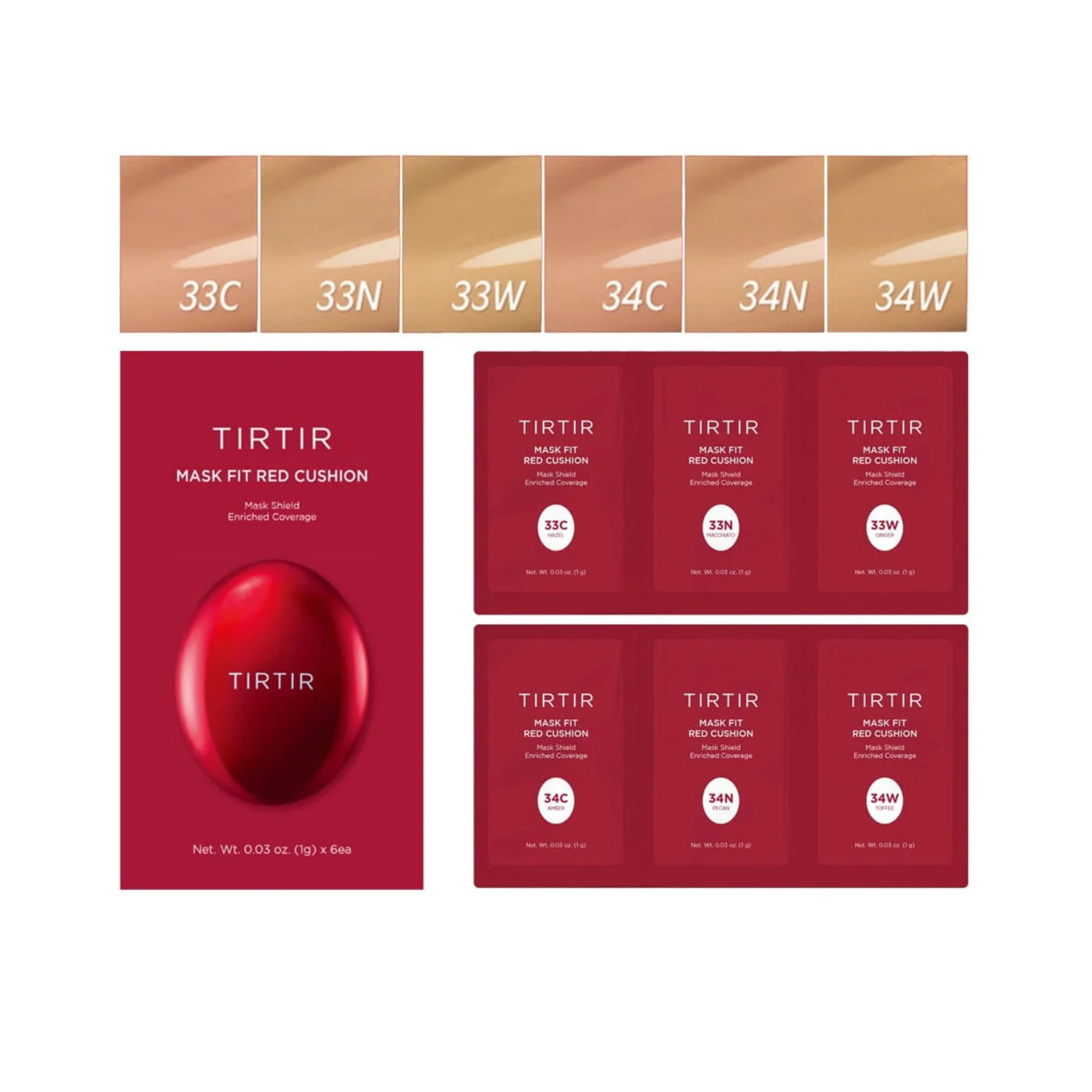 TIRTIR Mask Fit Red Cushion 6 Shade Trial Kit (33C-34W) - Medium Deep