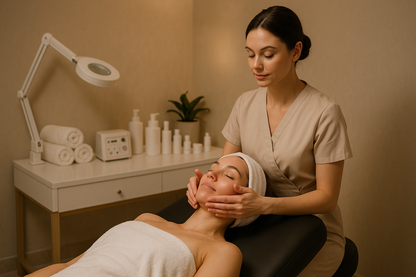 a woman getting Skincare treatment in a beige salon and black treatment bed
